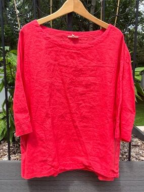 Eileen Fisher Coral Irish Linen 1/2 Sleeve Boatneck Boxy Top Size S Lagenlook